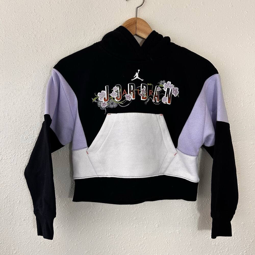 Air Garden Air Jordan Girls Pullover Hoodie Black White Purple Floral S 8-10